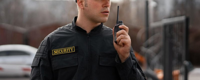 A guard using a two-way radio to handle the vehicle parking outside a sports venue